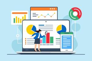 Flat illustration of woman examining information using magnifying glass on large laptop screen to find solution vector