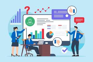 Flat illustration of team evaluating survey data to solve customer service issues on computer screen vector