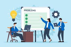 Flat illustration of coworkers identifying list of problems and brainstorming solutions on whiteboard vector