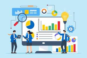 Flat illustration of professionals analyzing competitive data to find market solutions on computer screen vector