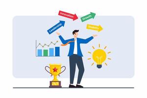 Flat illustration of businessman juggling multiple arrows symbolizing balance of career decisions and future prospects vector