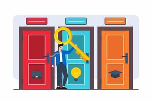 Flat illustration of businessman holding large key to unlocking doors with different career options and potential outcomes vector