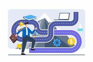 Flat illustration of individual stepping onto path with different symbols representing diverse career options vector