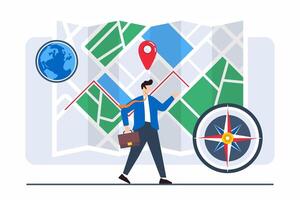Flat illustration of person holding briefcase with compass and map navigating through various career opportunities and goals vector