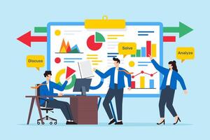 Flat illustration of team members working together to analyze problems and find solutions on whiteboard vector
