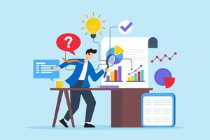 Flat illustration of businessman using magnifying glass to scrutinize business reports on desk vector