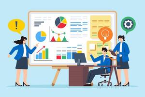 Flat illustration of professionals brainstorming solutions to overcome business challenges on whiteboard vector