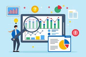Flat illustration of businessman analyzing data with magnifying glass to solving problem on tablet screen vector