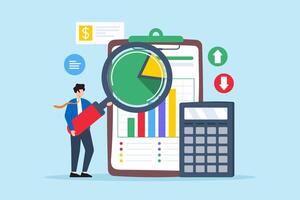 Flat illustration of businessman inspecting financial figures document to find answers vector