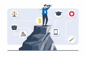 Flat illustration of person with binoculars looking at various career paths from high vantage point vector