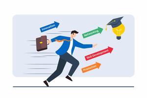 Flat illustration of businessman running through series of arrows representing rapid career progress and choices vector