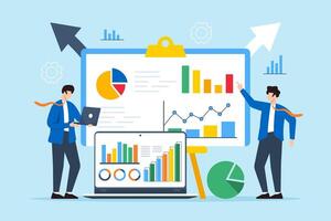 Flat illustration of two men solving problems with analytical methods and solution strategies on whiteboard vector