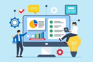 Flat illustration of business partners analyzing problems and finding effective solutions on digital screen vector