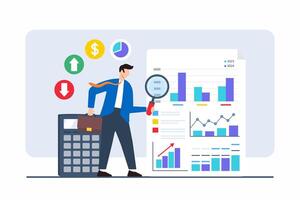 Flat illustration of businessman analyzing documents with numbers graphs and charts to uncover answers vector