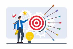 Flat illustration of professional setting goals on target with arrows coming from different directions to career achievements vector
