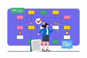 Flat illustration of individual analyzing flowchart with different career progression routes vector