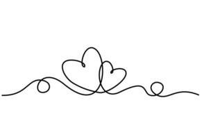 Two hearts continuous line drawing. Romantic continuous one line drawing connecting two hearts, love valentine sign. Hearts couple trendy one line abstract illustration. Love minimalist contour art. vector