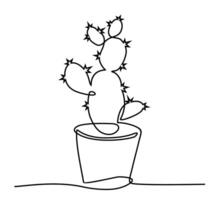 House cactus in pot. Opuntia cactus hand drawing. Continuous one line drawing. Home plants, succulents sketch. Design minimalist concept vector