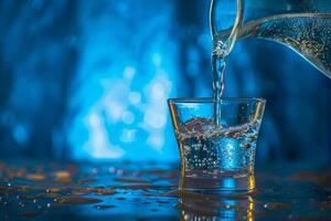 Pouring Sparkling Water From Glass Pitcher Into Clear Glass Against a Blue Background photo
