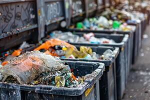 Urban waste management showing overflowing trash bins filled with plastic and garbage photo