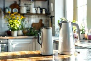 Modern kitchen with kettle and thermal mug photo