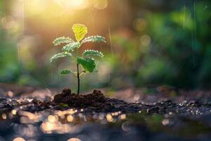 A young seedling in the soil, illuminated by sunlight during a rainstorm photo