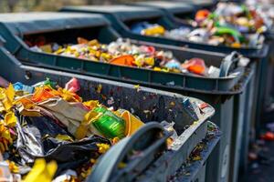 Overflowing garbage bins filled with plastic waste and garbage in an urban area photo