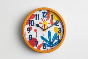 Colorful Wall Clock Displaying Bold Floral Design Against Light Wall in Modern Interior Decor Setting photo