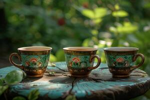 Three decorative ceramic cups arranged on a table surrounded by lush greenery photo