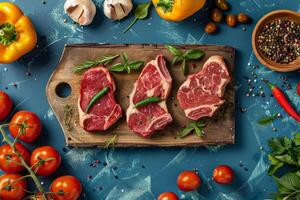 Freshly cut steak on a wooden cutting board in vegetables and spices photo