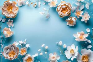 Beautifully arranged paper flowers in soft pastel colors on a light blue background photo