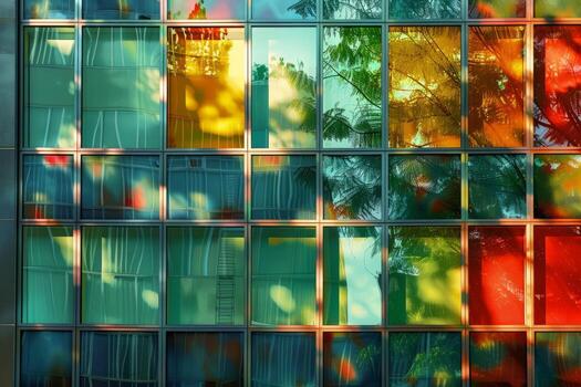 Reflection of Colorful Autumn Leaves on Modern Glass Building Windows During Afternoon Light photo
