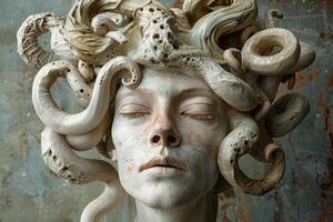 Sculpture with snake hair and an expression of serenity photo