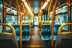 Interior of a city bus with empty blue seats photo