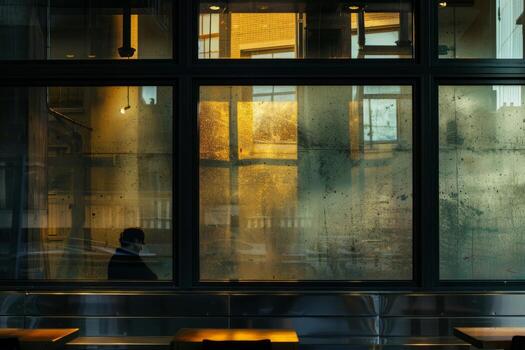 Empty cafe from the inside, evening outside photo
