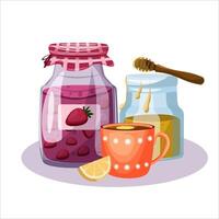 Honey and jam with hot tea and a slice of lemon on a white background. Local market. Harvesting honey and berries. Strawberry jam. vector