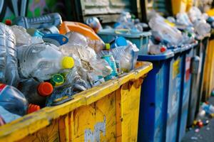 Overflowing containers with plastic waste in an urban environment photo