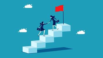 two business people are climbing up a ladder to reach the top of a red flag vector