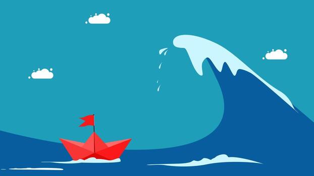a red paper boat is floating in the ocean with a wave vector