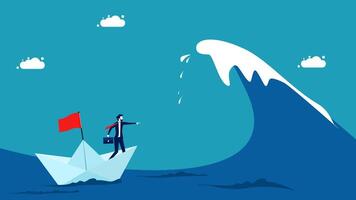 businessman on paper boat with red flag in front of big wave vector