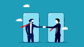 two businessmen shaking hands with each other in front of a smartphone vector