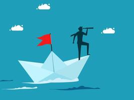 man on paper boat with red flag and binoculars vector