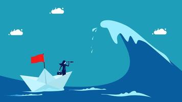 businessman on paper boat with red flag in front of wave vector
