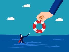 businessman in a boat with a life preserver and a hand reaching out to it vector