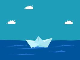 paper boat floating in the ocean with clouds vector