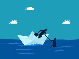 businessman on paper boat with a briefcase and a man helping him to get on the boat vector