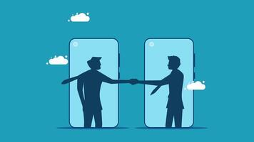 two people shaking hands in front of a smartphone vector