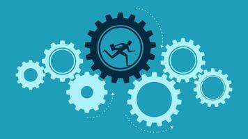 a blue background with gears and a man running vector