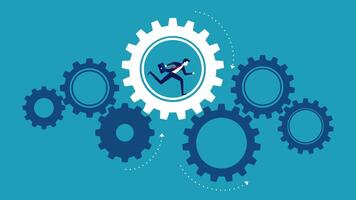 a blue background with gears and a man running vector