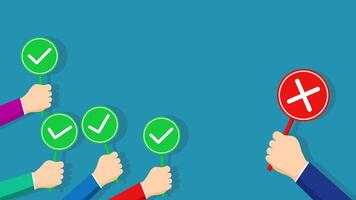 hands holding up green and red check marks vector